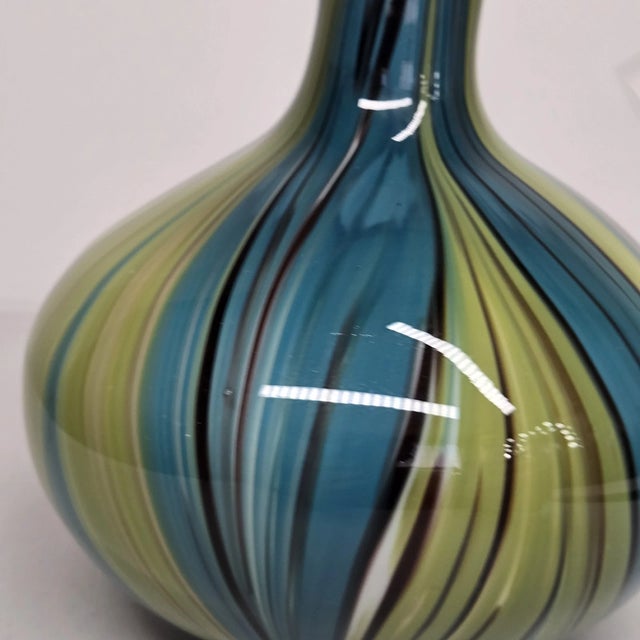 Mid-Century Modern Vintage Murano Style Art Glass Bulb Green Blue Swirl Wave Vase For Sale - Image 3 of 3