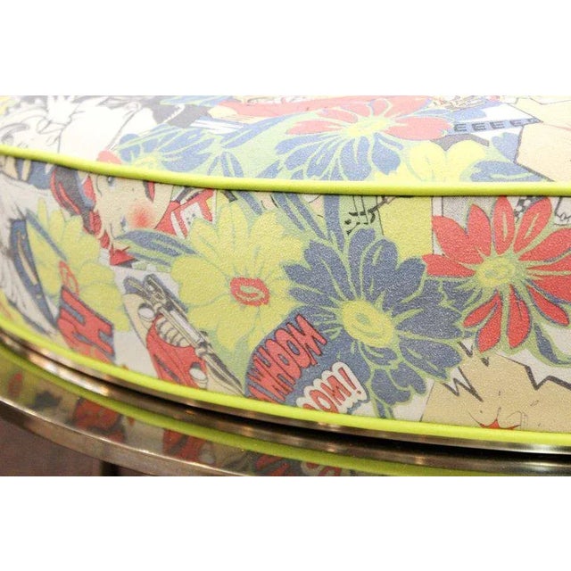 Mid Century Vintage Chrome Frame Ottoman With Pop Art Embossed Leather Upholstery For Sale - Image 9 of 10