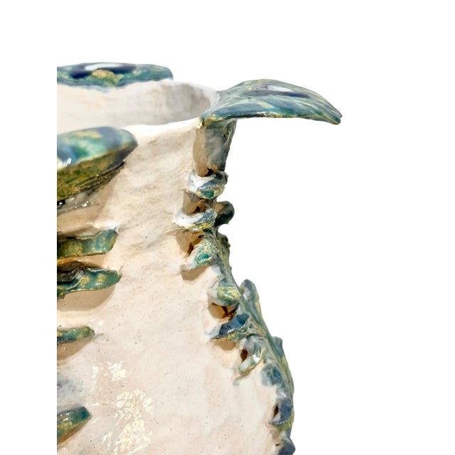 White Vintage Italian Earthenware Vase With Stylized Peacock Feather Design For Sale - Image 8 of 15