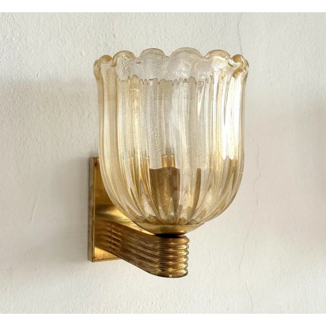 1960s Italian Murano Glass & Brass Art Deco Sconces - Pair For Sale In Austin - Image 6 of 7