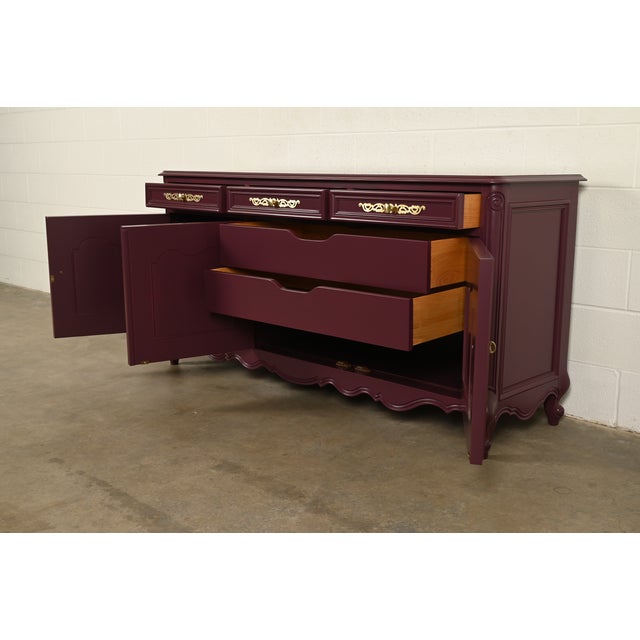 Wood Baker Funiture Style French Provincial Louis XV Burgundy Lacquered Sideboard Credenza, Newly Refinished For Sale - Image 7 of 18