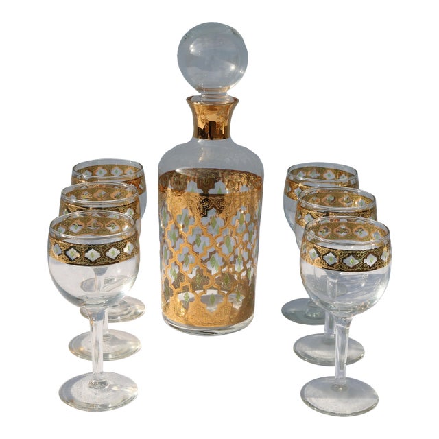 1960's Culver Valencia 22k Gold Green Diamond Decanter, Stopper and 6 Wine Glasses For Sale