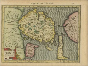 Antique Map of the Island of Funen by Kaerius, 1628