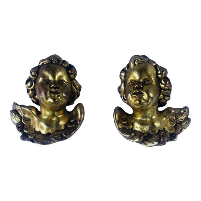 Vintage Mid 20th Century Italian Gold Gilt Wood Cherubs Angel Puttis - A Pair For Sale