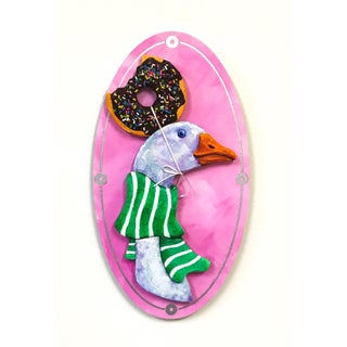 Lucy Questions the Longevity of Her Slightly Used Hat by Corina St.Martin|Acrylic & Modeling Paste on Birch featuring a goose with a donut on its head For Sale