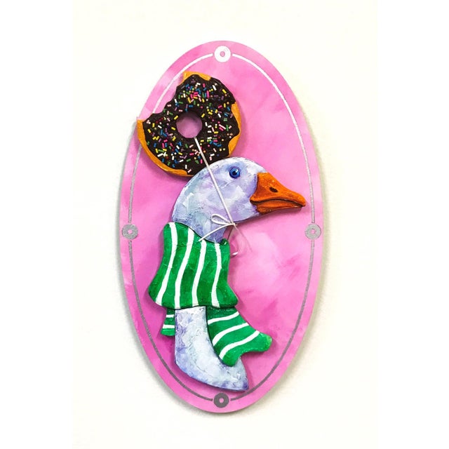 Lucy Questions the Longevity of Her Slightly Used Hat by Corina St.Martin|Acrylic & Modeling Paste on Birch featuring a goose with a donut on its head For Sale