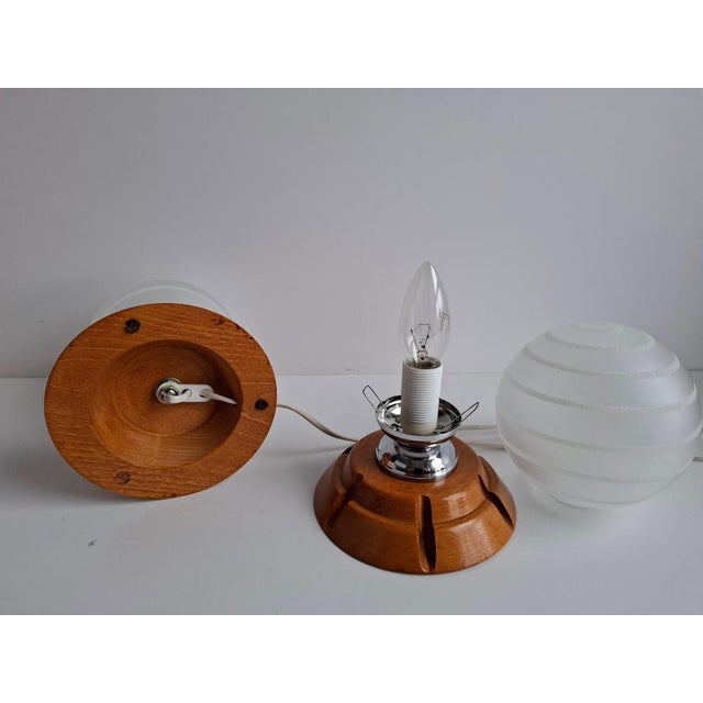 White Mid-Century Style Czech Wood and Frosted Glass Table Lamps, 1990, Set of 2 For Sale - Image 8 of 14