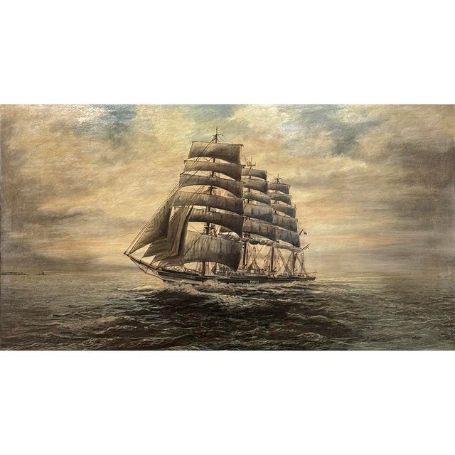 Realism Mid-Century Framed Oil Painting of Four-Masted Ship by Alfred Gabali 'The Preussen' For Sale - Image 3 of 16