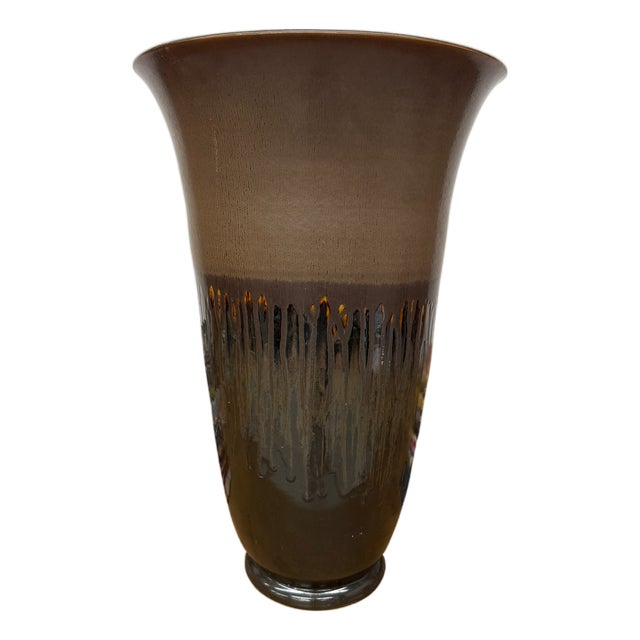 Large Brown Ceramic Vase with Charcoal and Amber Drip Glaze For Sale