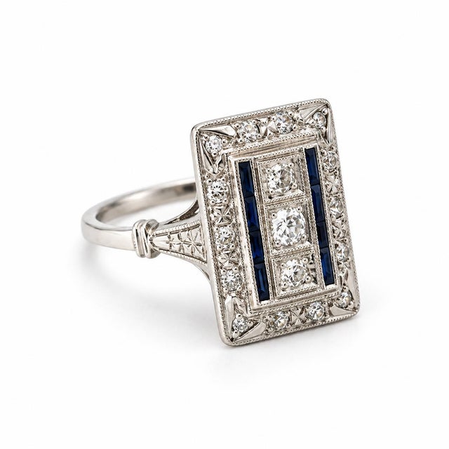 Vintage Art Deco Platinum Sapphire & Diamond Ring, Size 6.5 For Sale - Image 4 of 6
