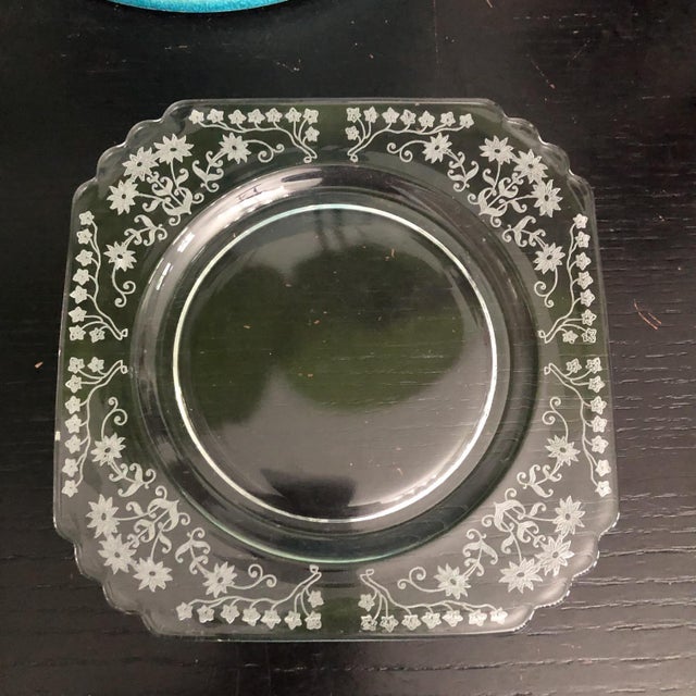 Vintage Clear Depression Glass Etched Square Lunch Plate Scalloped Edge