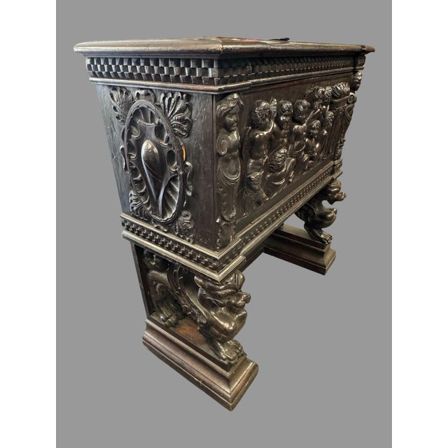 Antique Carved Oak Drop Front Desk Renaissance Revival Figural Lion Writing Desk For Sale - Image 4 of 11