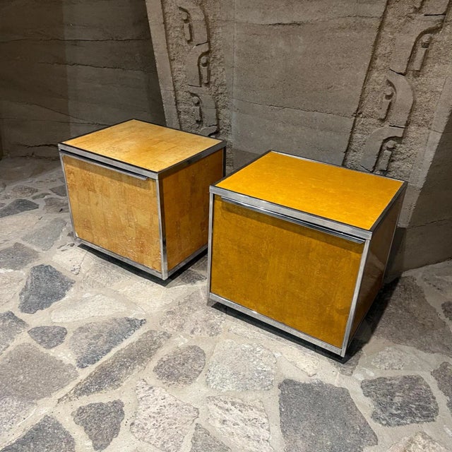 Modern 1980s Nightstands Burlwood & Chrome After Milo Baughman For Sale - Image 3 of 10
