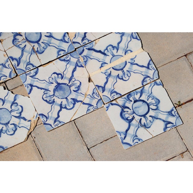 Antique 18th Century Portuguese Blue & White Tiles Set of 61 With Repeating Floral-Geometric Pattern For Sale - Image 14 of 18