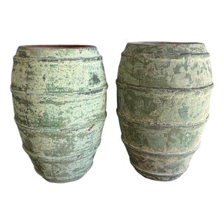Pair of Mediterranean Barrel Olive Jars - Heavily Patinated Verdigris Terracota For Sale
