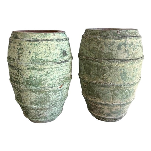 Pair of Mediterranean Barrel Olive Jars - Heavily Patinated Verdigris Terracota For Sale
