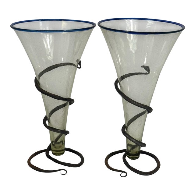 Mid 20th Century Pair of Blown Glass Vases W/ Wrought Iron Bases For Sale