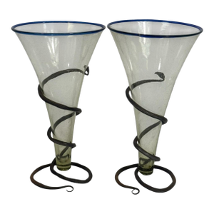 Mid 20th Century Pair of Blown Glass Vases W/ Wrought Iron Bases