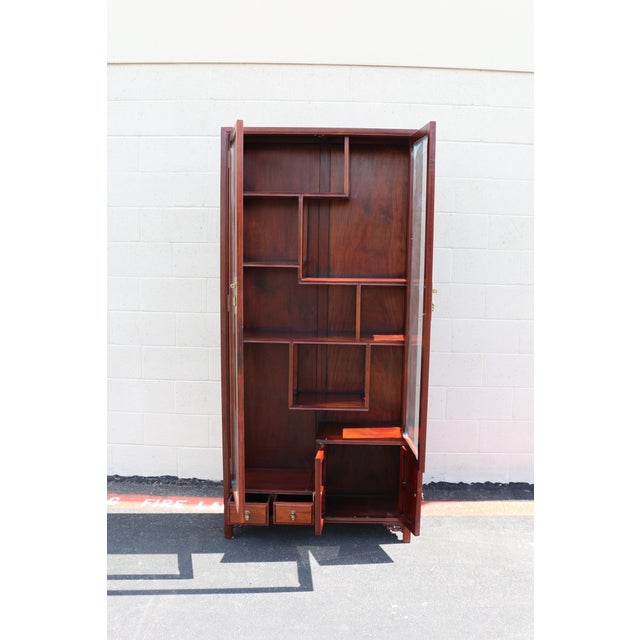 Wood Vintage Asian-Inspired Rosewood Display Cabinet / Curio With Glass Doors and Brass Hardware For Sale - Image 7 of 18