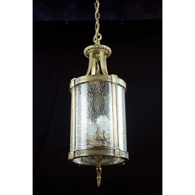 Traditional 1940s Federal Bronze Clear Pebbled Glass Hanging Lantern For Sale - Image 3 of 11
