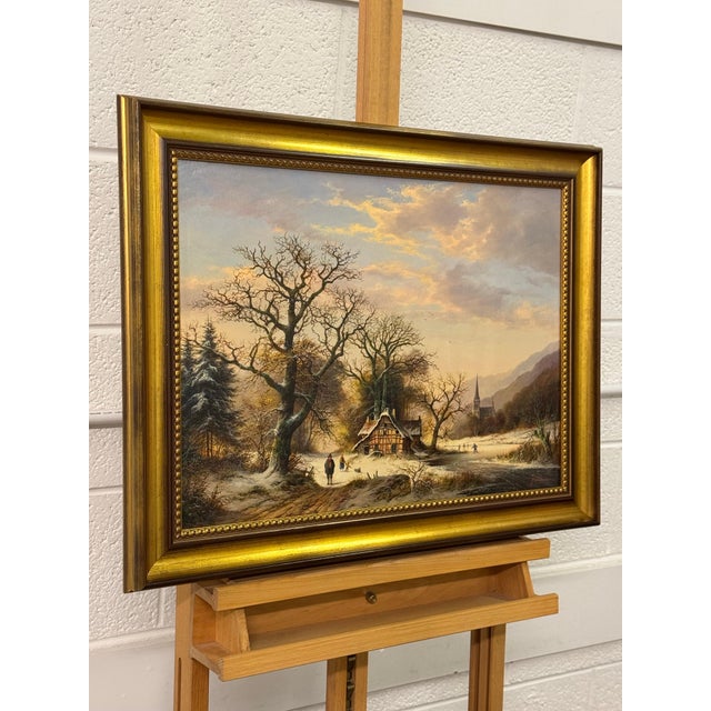 Brown Vintage Rural Landscape Snow Scene "Winter Cold, Farm Idyll" by German Artist 1970 Circa For Sale - Image 8 of 15