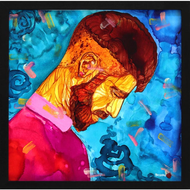 Getting You Out of My Mind - Framed Contemporary Fauvist Style Portrait Mixed-Media Painting by Beddru, Ready to Hang For Sale