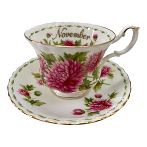 English Royal Albert Porcelain Pink Floral "November" Tea Cup & Saucer