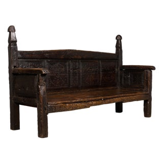 18th Century Spanish Rustic Oak Bench With Carved Panels and Dark Patina For Sale