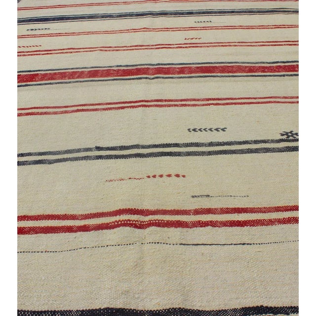Turkish Kilim Rug With Horizontal Stripes in Red and Blue, Cream Background For Sale In Atlanta - Image 6 of 7