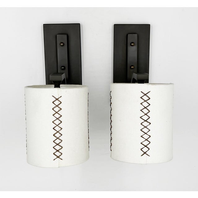 Paul Marra Bronze Finish Wall Sconces With Hand-Stitched Linen Shades - a Pair For Sale In Los Angeles - Image 6 of 18