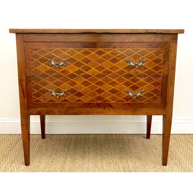 A Late 20th c. Two Drawer Walnut Commode by Lewis Ferrel Mittman with a Banded Harlequin Parquetry Inset Top, Sides &...