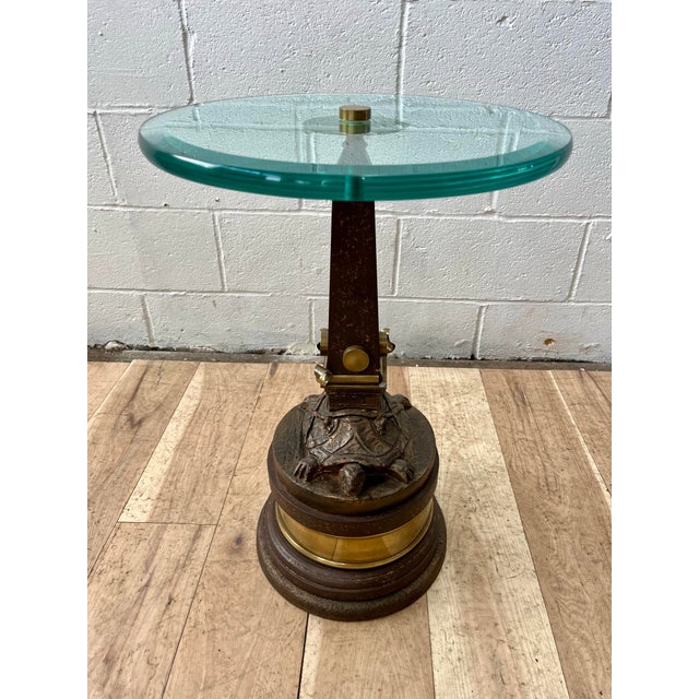 Vintage Hollywood Regency Turtle Pedestal Side Table With Brass and Glass Top For Sale - Image 9 of 12