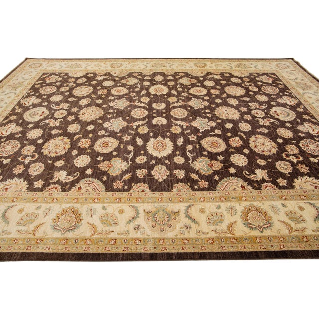 Early 21st Century Modern Peshawar Brown Handmade Wool Rug With Palmettes Motif For Sale - Image 5 of 7
