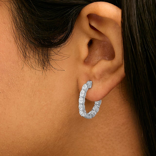 14K White Gold 2 3/4 Cttw Oval Cut Lab Grown Diamond Inside Out Hoop Earrings, A Pair For Sale - Image 4 of 5