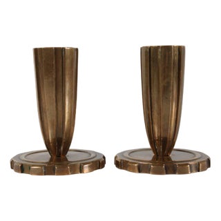 Danish Art Deco Fluted Candlesticks in Bronze, Denmark, 1930s-1950s, Set of 2 For Sale