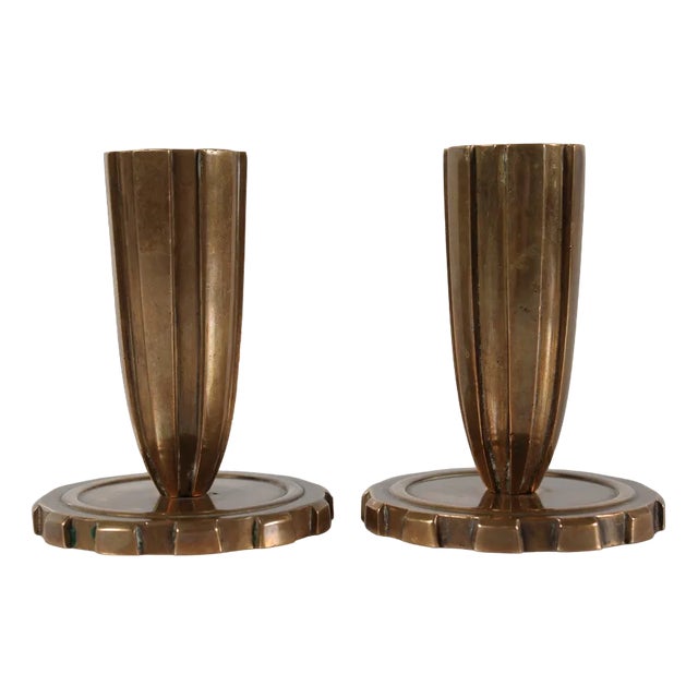 Danish Art Deco Fluted Candlesticks in Bronze, Denmark, 1930s-1950s, Set of 2 For Sale