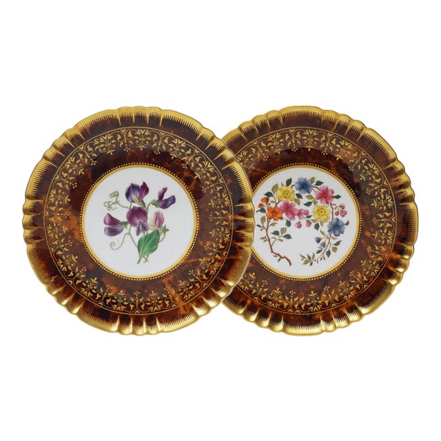 Antique Minton Cabinet Plates Tortoiseshell Glaze Botanical Dishes - A Pair For Sale