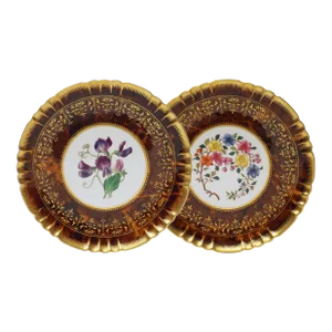 Antique Minton Cabinet Plates Tortoiseshell Glaze Botanical Dishes - A Pair