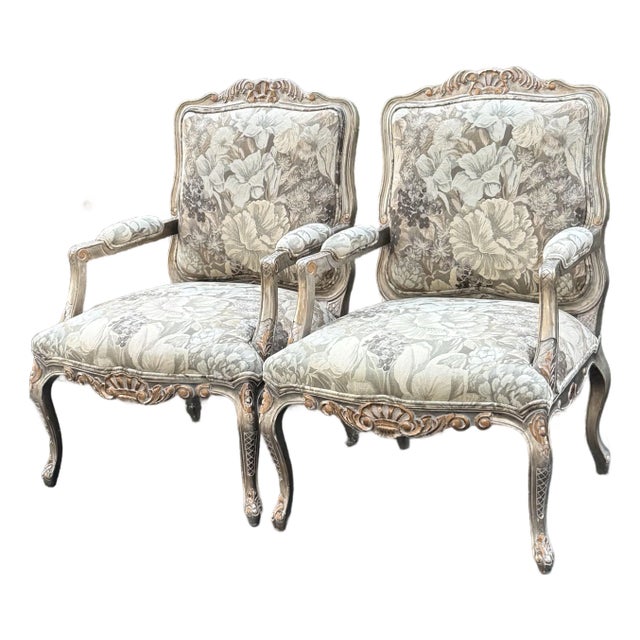 Kreiss Collection Parcel Gilt Carved French Bergere Chairs - A Pair For Sale