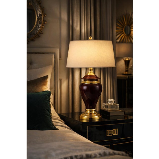 Metal Hollywood Regency Eggplant & Brass Table Lamp With New 17” Shade For Sale - Image 7 of 12