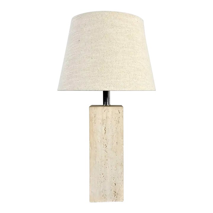 Vintage Modern Travertine Square Block Table Lamp With Oatmeal Linen ...
