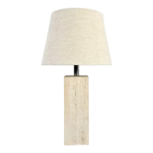Vintage Modern Travertine Square Block Table Lamp With Oatmeal Linen Tapered Drum Shade