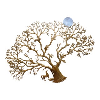 1960s Bijan Jere Style Brass Bonsai Sun Tree of Life Wall Hanging Sculpture With Horse & Moon - Signed For Sale