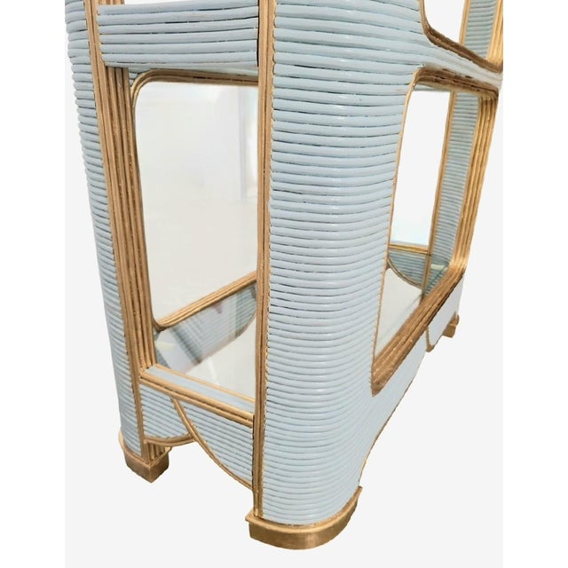 Wood Vintage Custom Painted Baby Blue Gold Arched Pencil Reed Glass Shelving Unit Etagere For Sale - Image 7 of 13