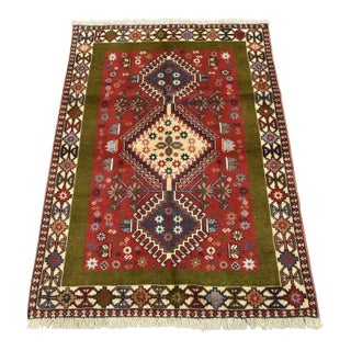 Yalameh Rug 3'4'' X 4'8'' Red Wool Vintage Tribal Hand-Knotted Oriental Carpet For Sale