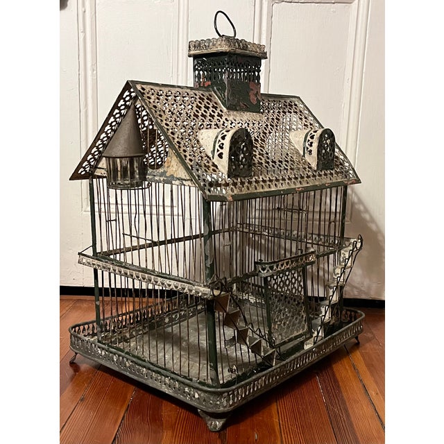 Gray Antique 19th Century French Tole & Wire Victorian House Form Bird Cage For Sale - Image 8 of 15