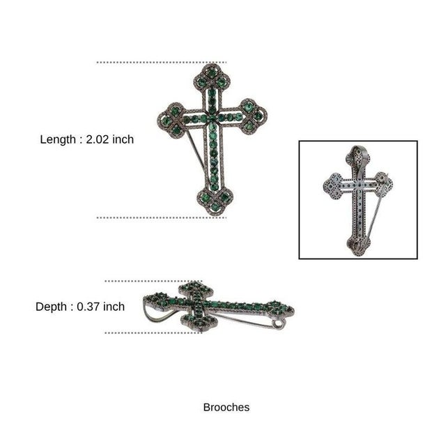 Royal Victorian Style Emerald & Diamond Cross Brooch Pendant in 925 Sterling Silver For Sale - Image 12 of 14