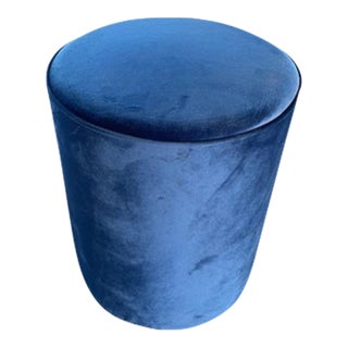 Small Round Blue Velvet Ottoman For Sale