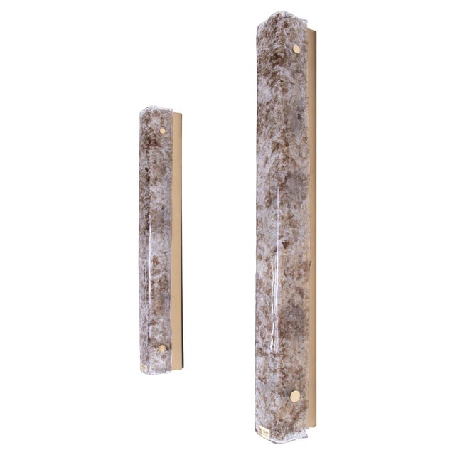 Large set of two wall sconces made of heavy, thick hand blown textured amber/brown and clear venice murano glasses on a...
