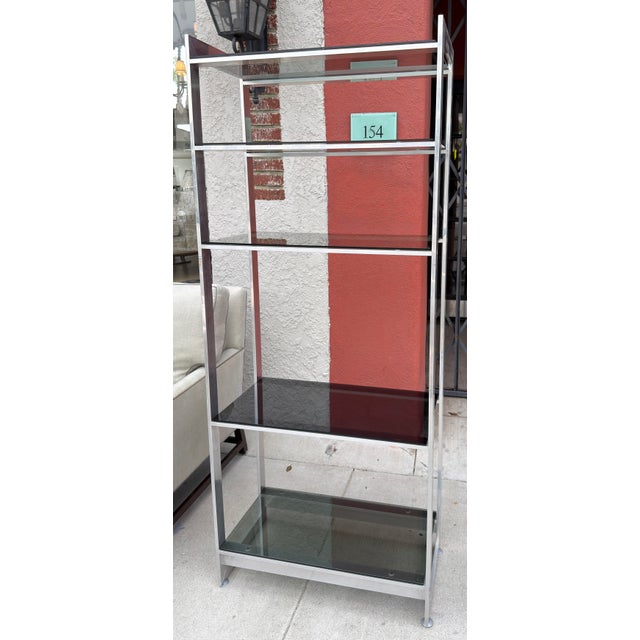 Mid Century Modern Five Shelf Aluminum & Black Glass Etagere.
